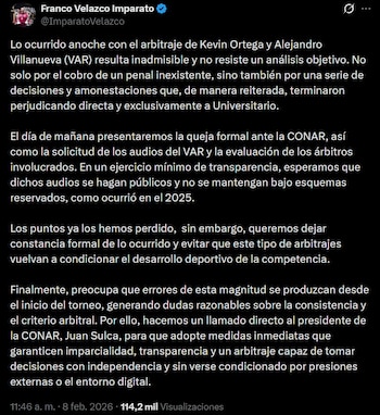 El comunicado de Franco Velazco