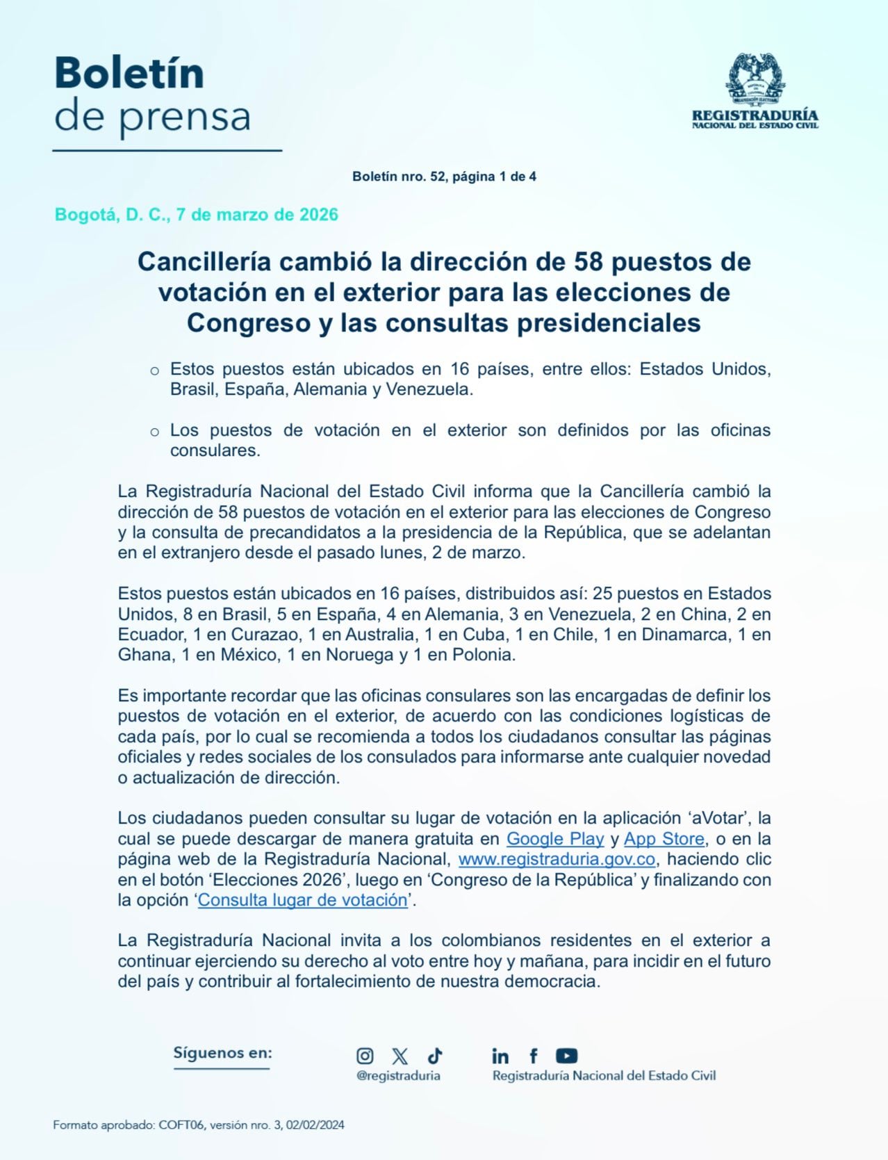 Cambio de 58 puestos de votación en 16 países para elecciones legislativas - crédito Registraduría