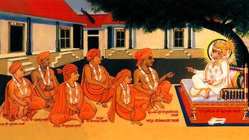 Ilustración de Swaminarayan enseñando a
