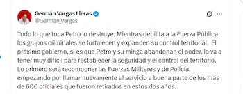 El exvicepresidente Germán Vargas Lleras criticó al Gobierno Petro por cuestiones de seguridad - crédito @German_Vargas/X