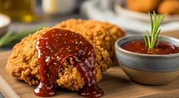 Dos piezas de pollo frito empanizado con salsa barbacoa por encima y un cuenco pequeño de la misma salsa con una rama de romero. Todo sobre una tabla de madera.
