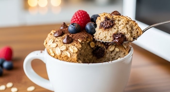 Primer plano de un bizcocho de avena y chocolate servido en una taza blanca, decorado con arándanos, frambuesa, cacao en polvo y chips de chocolate. Una cuchara extrae un trozo.