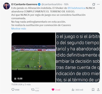 Captura de pantalla de un tuit de Fernando Santander ("El Cantante Guerrero") sobre el Club América, mostrando su perfil, texto y una miniatura de video de un partido de fútbol