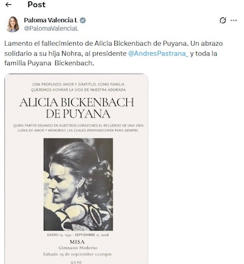 Alicia era la madre de Norha Puyana de Pastrana y suegra del expresidente Andrés Pastrana