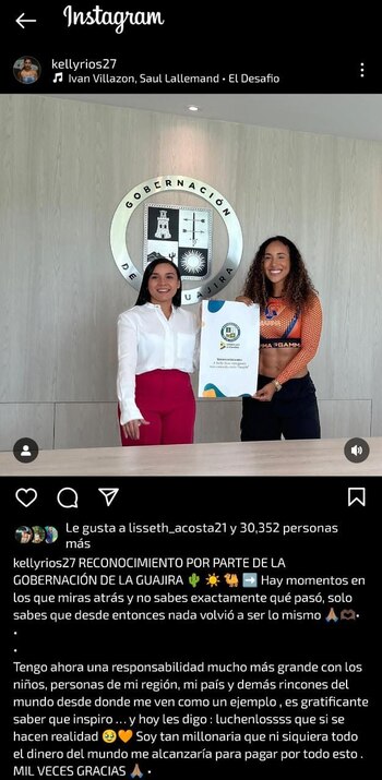 Guajira, exparticipante del Desafío, recibió condecoración de de la Gobernación de su departamento. Foto: Instagram / Kelly Ríos