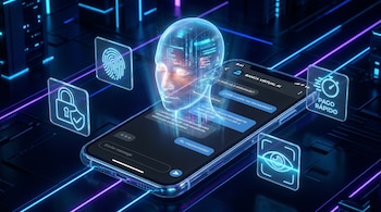 Primer plano de un smartphone con un asistente virtual holográfico saliendo de la pantalla. Iconos flotantes de seguridad, biometría y pago rápido en un entorno digital futurista con luces de neón.