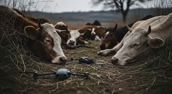 Primer plano de dos vacas tendidas en el suelo de un campo árido, con dos drones pequeños caídos entre ellas. Otros animales se ven desenfocados al fondo.
