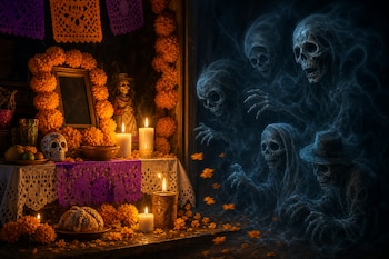 Altar con flores de cempasúchil, velas encendidas, pan y una calavera junto a figuras esqueléticas rodeadas de humo en la oscuridad.