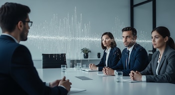 Un hombre de espaldas conversa en una mesa con tres entrevistadores. Ondas de sonido digitales emergen de él hacia ellos, quienes muestran diversas expresiones.
