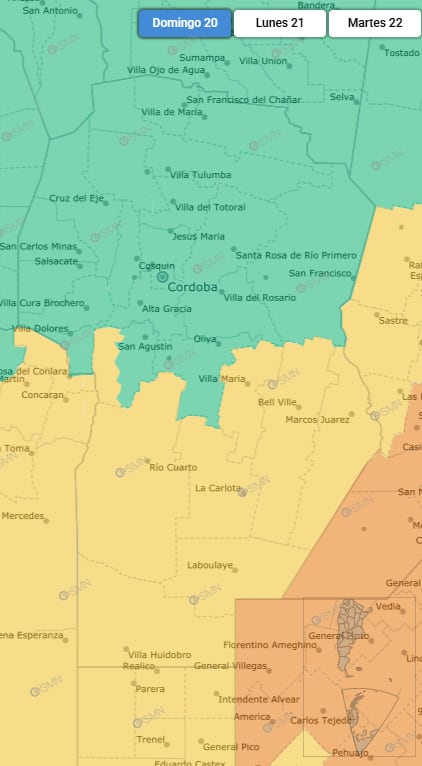Los departamentos de General San Martín, Marcos Juárez, Río Cuarto, Juárez Celman, Presidente Roque Sáenz Peña y General Roca estarán bajo alerta por vientos y tormentas (SMN)