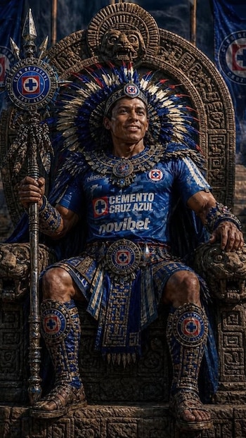 Joel Huiqui sentado en un trono de piedra, ataviado con un traje ceremonial azul y dorado, un gran penacho de plumas y un bastón de mando ornamentado