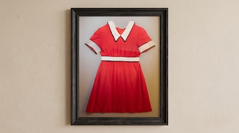 Un vestido rojo de mangas cortas con cuello blanco, dentro de un marco de madera oscura sobre una pared beige.
