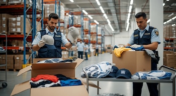 Dos agentes de policía uniformados con guantes inspeccionan cajas abiertas llenas de ropa y gorras en un gran almacén con estantes.