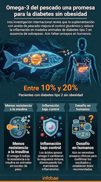 Infografía sobre omega-3 del pescado para diabetes tipo 2. Muestra un pez, sistema digestivo humano y paneles sobre resistencia a la insulina, inflamación y ensayos clínicos.