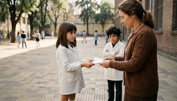 Una maestra de mediana edad con cárdigan marrón entrega un papel a una niña con guardapolvo blanco en un patio escolar soleado