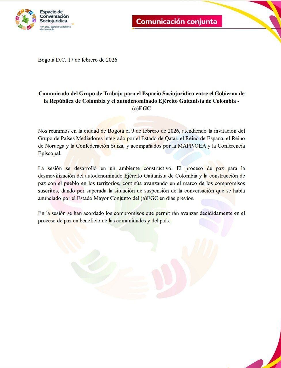 La reunión contó con el acompañamiento de la MAPP/OEA y la Conferencia Episcopal, además del respaldo de países mediadores como Qatar, España, Noruega y Suiza- crédito Espacio de Conversación Sociojurídico