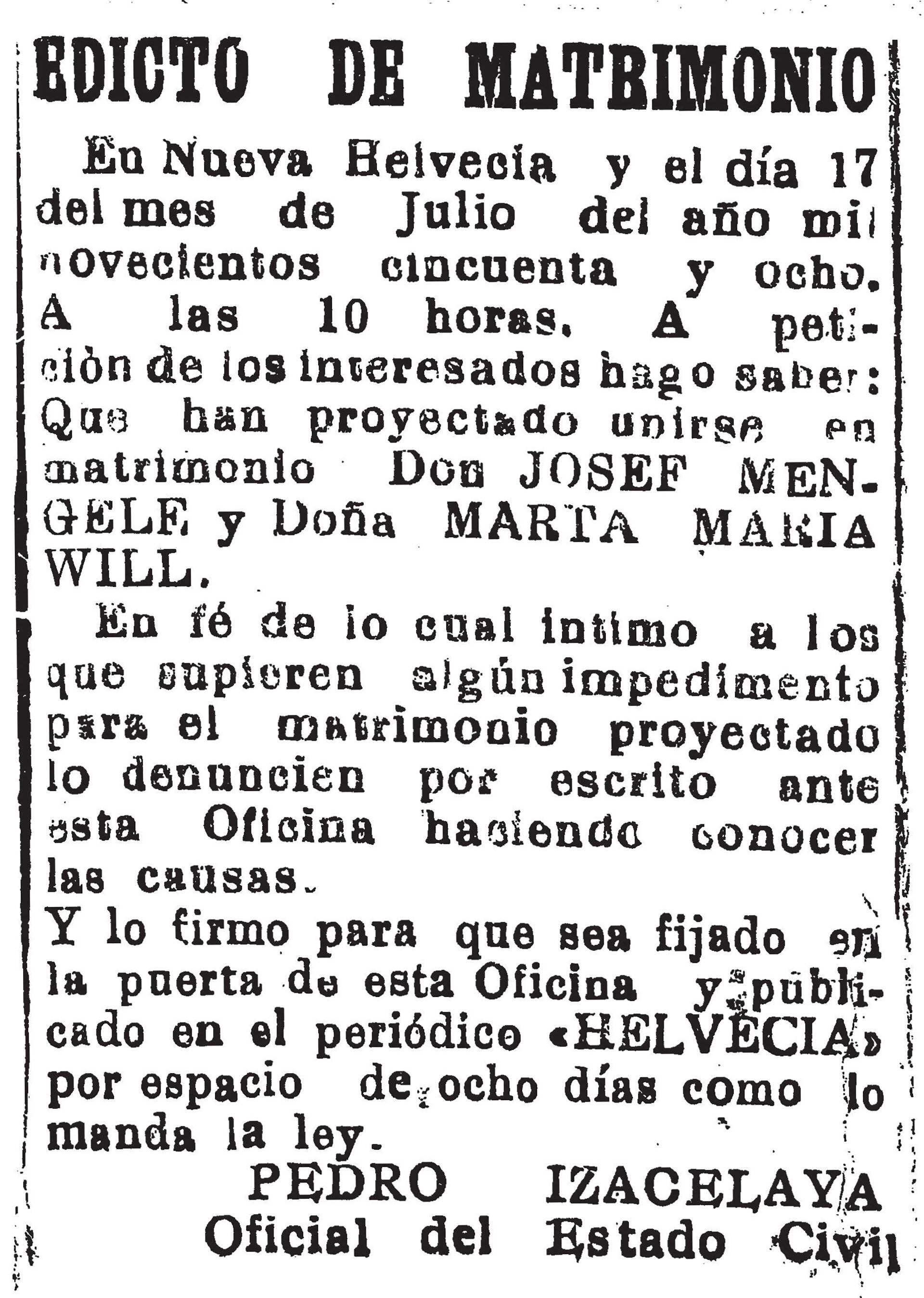 Edicto de matrimonio entre Mengele y Marta Will publicado en el periódico
