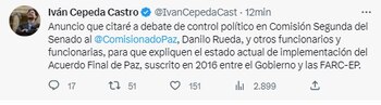 Tuit del senador Iván Cepeda