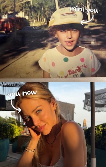 Split screen de dos fotos verticales. Arriba: niña rubia con gorra amarilla y camiseta de lunares. Abajo: mujer rubia sonriente en exterior. Texto "mini you", "you now"