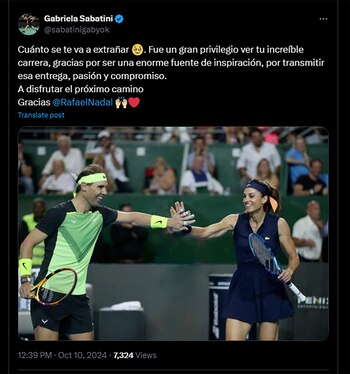 Mensaje de Gaby Sabatini tras el retiro de Nadal