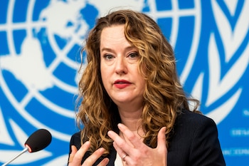 Amy Pope, directora general de la Organización Internacional para las Migraciones (OIM), durante una conferencia de prensa en la sede europea de Naciones Unidas, el martes 28 de julio de 2026, en Ginebra (Salvatore Di Nolfi/Keystone vía AP)