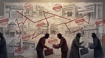 Ilustración de empresas como Parque Acuático Los Cascabeles y Tapgas México, conectadas por líneas rojas, con sellos OFAC Embargo Sancionado, y figuras con maletas y documentos.