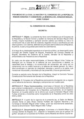 La sanción de la Ley Miguel Uribe Turbay honra la memoria del exsenador asesinado en un acto de precandidatura presidencial en Bogotá - crédito Dapre