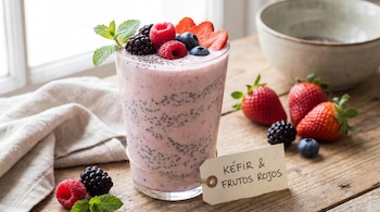 Un vaso alto con una bebida rosada de kéfir y chía, decorado con fresas, frambuesas y arándanos, sobre una mesa de madera.