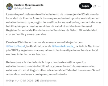 El secretario de Gobierno de Bogotá, Gustavo Quintero Ardila, lamentó la muerte de Adriana Manotas tras someterse a un procedimiento estético - crédito @GAquinteroA/X
