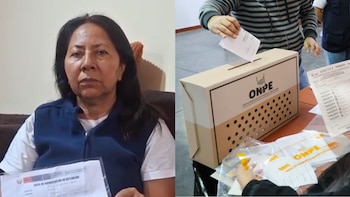 Díptico muestra a Mirtha Julia Bardales, con chaleco azul, sujetando un documento a la izquierda, y a la derecha, una mano insertando un voto en una urna de ONPE