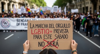 Primer plano de manos que sostienen un cartel de cartón con el texto 'LA MARCHA DEL ORGULLO LGBTIQ+ PREVISTA PARA ESTE SÁBADO NO SERÁ' con 'NO SERÁ' tachado. Al fondo se ve una multitud manifestándose.