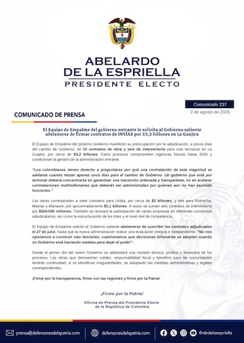 El equipo de Abelardo De La Espriella pidió al Gobierno de Gustavo Petro no suscribir los contratos de Invías durante el empalme por la magnitud de la contratación - crédito Defensores de la Patria