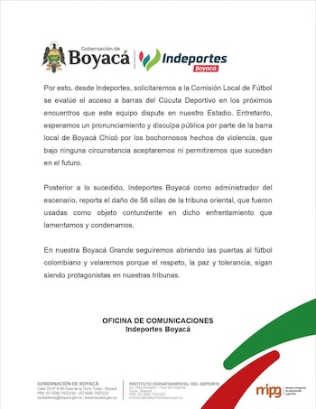 La segunda parte del comunicado del Indeportes Boyacá sobre los desmanes del partido entre Chicó y Cúcuta - crédito Indeportes Boyacá