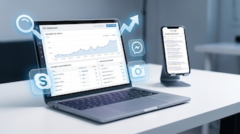 Laptop abierta sobre un escritorio blanco mostrando un dashboard de SEO con gráficos y palabras clave; elementos flotantes de lupa, flecha ascendente e iconos de redes sociales, y un smartphone en segundo plano con resultados de búsqueda.