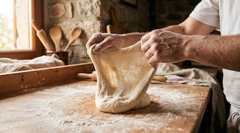 Manos de panadero estirando masa de pan de aspecto elástico sobre una mesa de madera enharinada; se observa una membrana translúcida.
