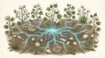 Una planta de algodón cultivada en el centro rodeada por ocho plantas de algodón silvestre. Raíces conectadas por una red de ADN luminoso. Cuatro herramientas y dos fósiles.