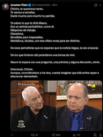 Jonatan Viale despidió al periodista y lo recordó junto a su padre, Mauro Viale (X)