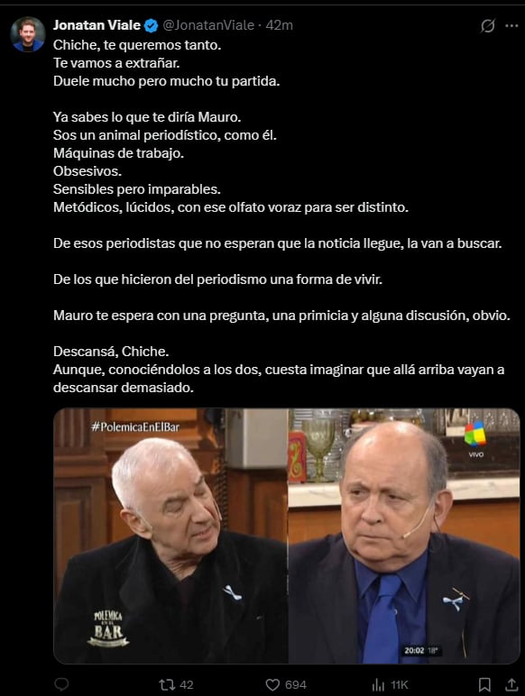 Jonatan Viale despidió al periodista y lo recordó junto a su padre, Mauro Viale (X)