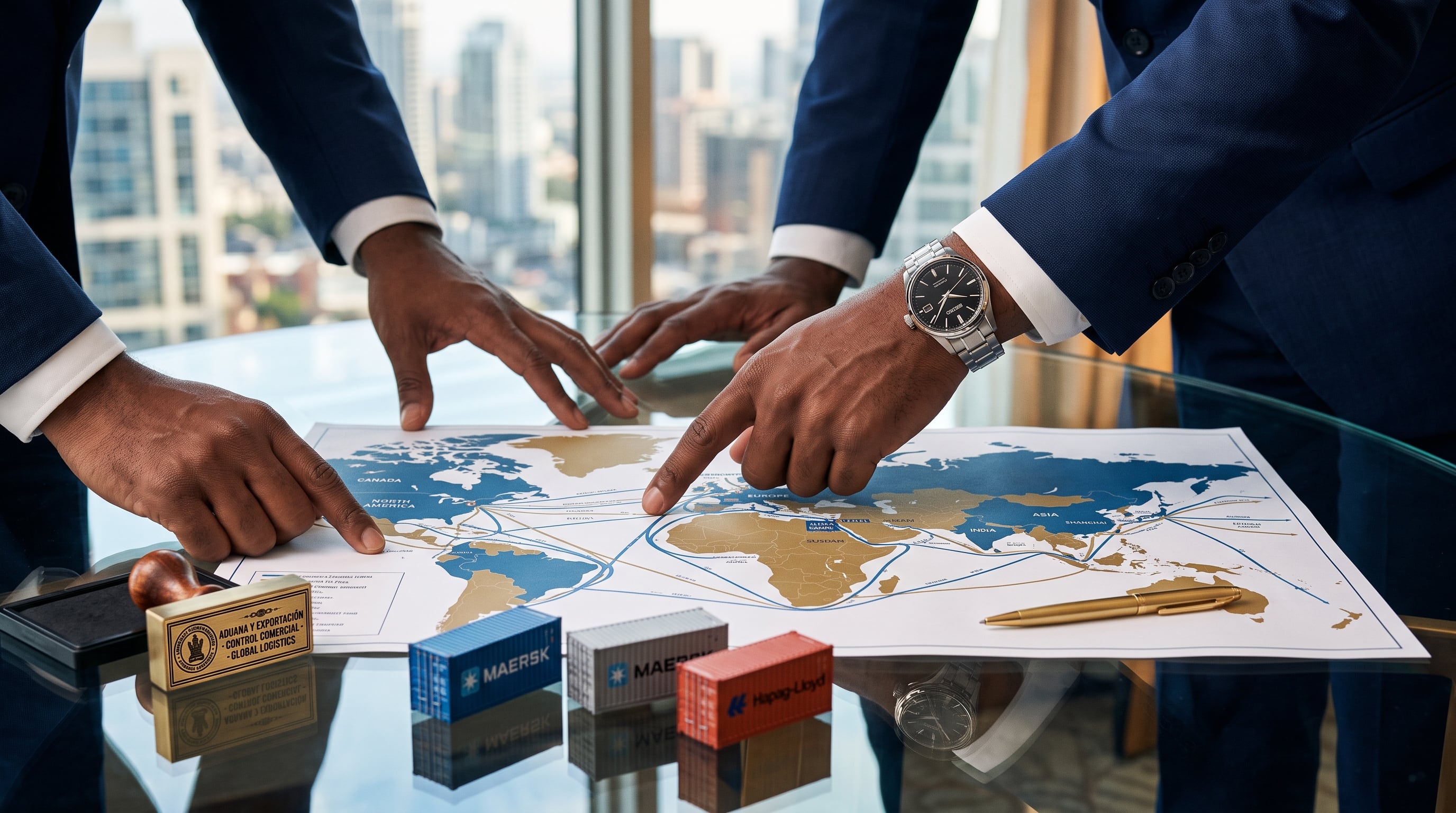 Dos ejecutivos analizan un mapa de rutas de transporte marítimo global junto a sellos aduaneros y miniaturas de contenedores de carga sobre una mesa. (Imagen Ilustrativa Infobae)