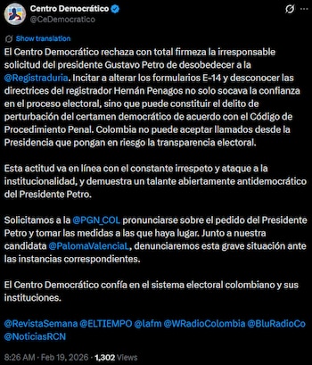 Centro Democrático rechazó solicitud de