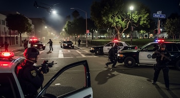 Vista nocturna de un operativo policial en Los Ángeles con agentes tácticos armados, vehículos patrulla con luces rojas y azules, y un helicóptero en el cielo.