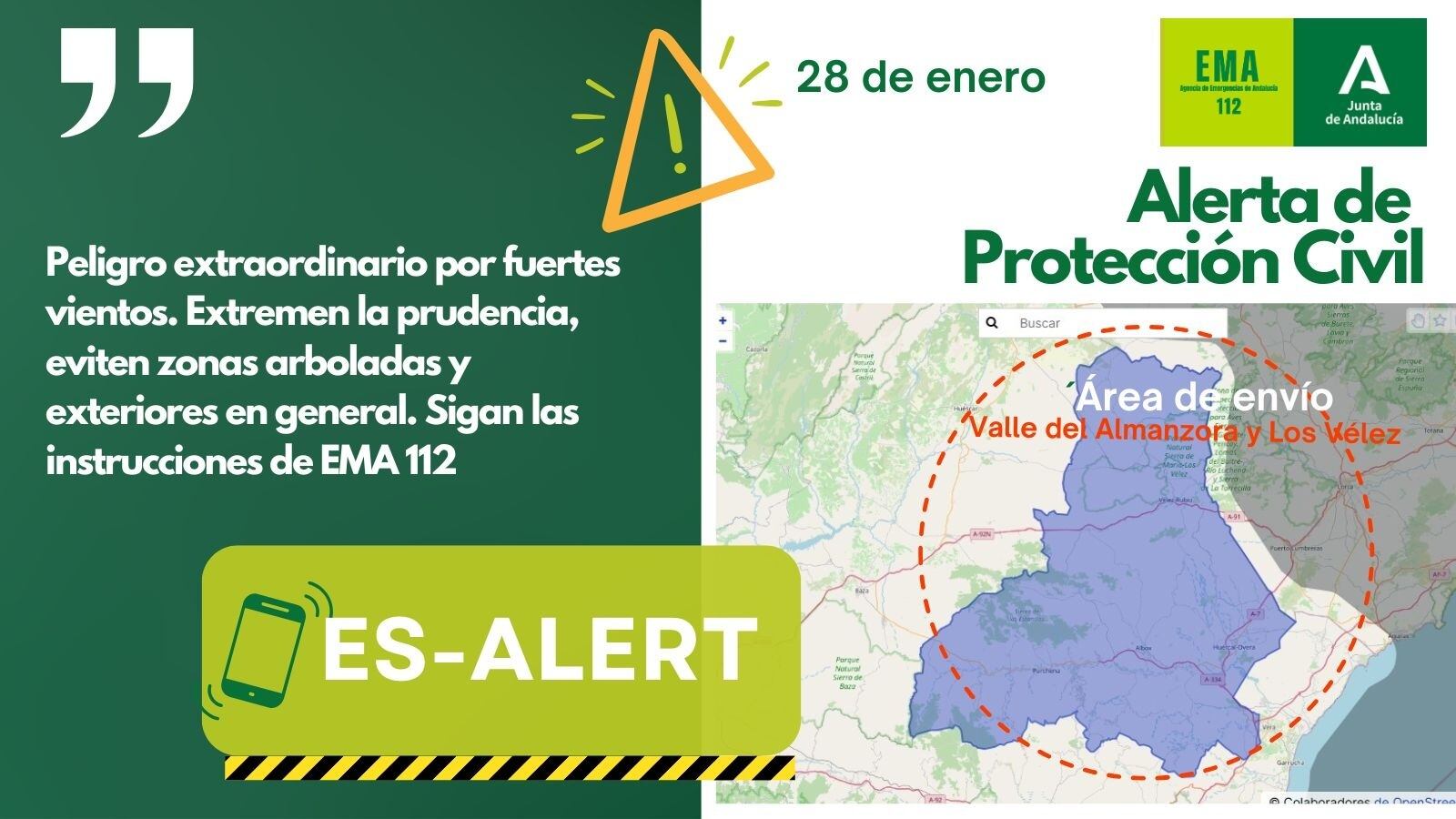 La Junta remite un Es-Alert a las comarcas del Valle del Almanzora y Los Vélez por el aviso rojo ante fuertes vientos (Protección Civil, Europa Press)
REMITIDA / HANDOUT por JUNTA DE ANDALUCÍA
Fotografía remitida a medios de comunicación exclusivamente para ilustrar la noticia a la que hace referencia la imagen, y citando la procedencia de la imagen en la firma
28/1/2026