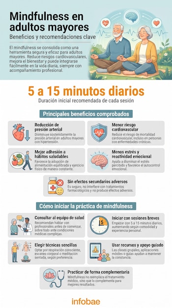 Infografía sobre mindfulness, con un hombre y una mujer mayores meditando, y secciones de texto con íconos de corazón, cerebro, pastillas, reloj, médico y estetoscopio.