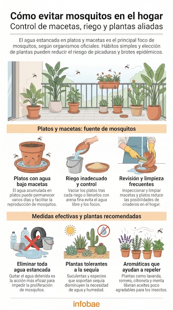 Infografía ilustra cómo prevenir mosquitos en casa, mostrando macetas en un balcón, métodos de riego, limpieza y eliminación de agua estancada.