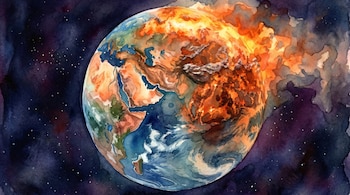 Ilustración en acuarela del planeta Tierra, con la mitad oriental en llamas y la mitad occidental con continentes y océanos. El fondo es oscuro y estrellado.