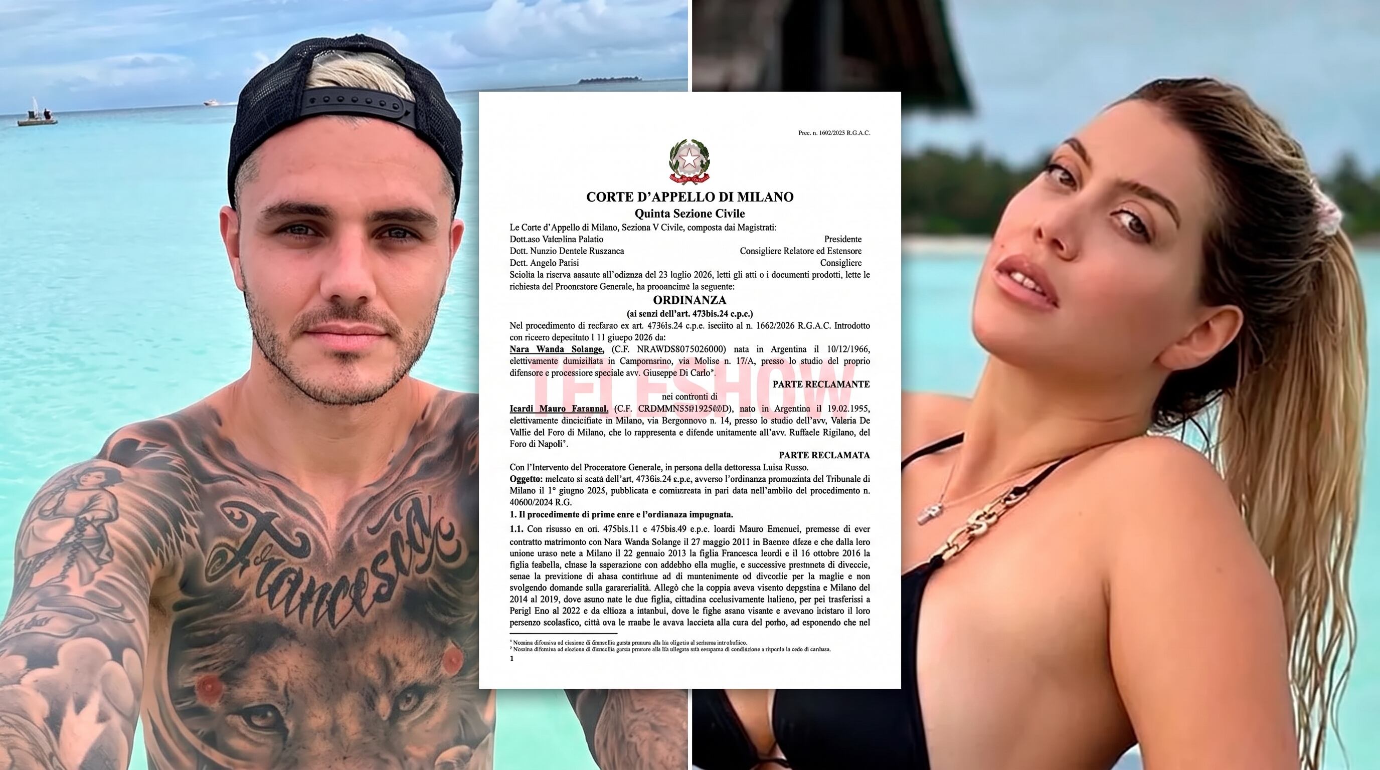 La composición muestra los retratos de Mauro Icardi y Wanda Nara junto a una ordenanza judicial de la Corte de Apelación de Milán que aborda sus asuntos legales. (Imagen Ilustrativa Infobae)