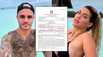 Retratos de Mauro Icardi y Wanda Nara, con un documento judicial de la Corte de Apelación de Milán en el centro.