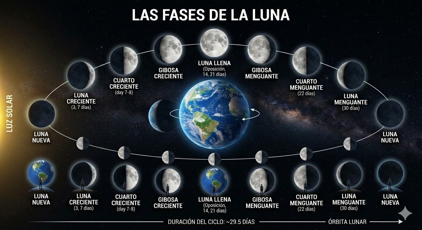 Las fases lunares serán protagonistas, con el cuarto menguante el 11 de marzo, la luna nueva el 18 y el cuarto creciente el 25, cada una en distintas constelaciones y distancias a la Tierra - Créditos: Imagen Visual Infobae.