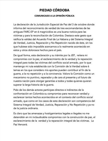 Comunicado publicado por la ex