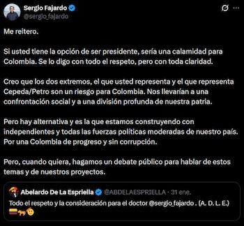 El exgobernador advirtió sobre los riesgos de la polarización y propuso un debate público para discutir proyectos y alternativas políticas. - crédito @sergio_fajardo/X